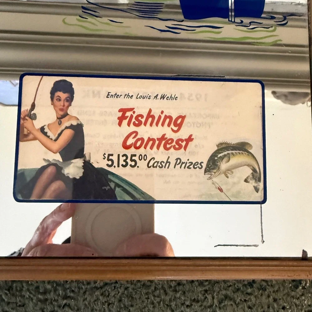 VTG 1954 Louis A. Wehle Fishing Contest Prize Mirror Bass Pinup Art 22x12 RARE